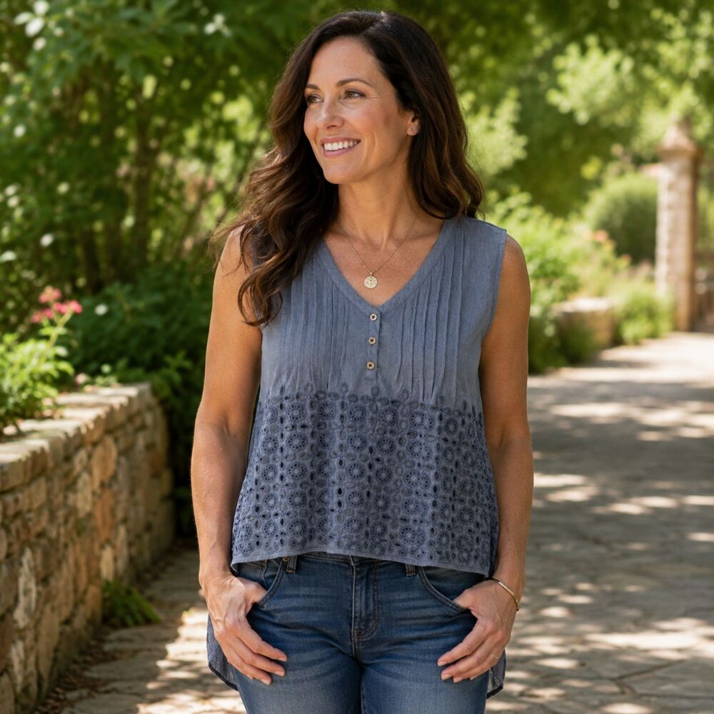Forgotten Grace Hi Low Chambray Sleeveless Tank Top XL Crochet Eyelet Details